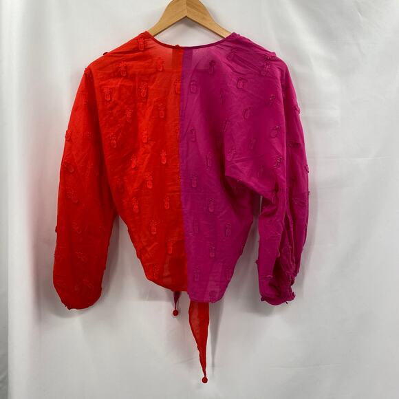 Farm Rio pink & red puff sleeve wrap blouse - Picture 5 of 7